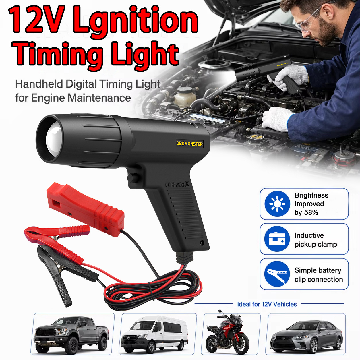 Timing Light Gun - Индукционный стробоскоп для регулировки зажигания 12В,